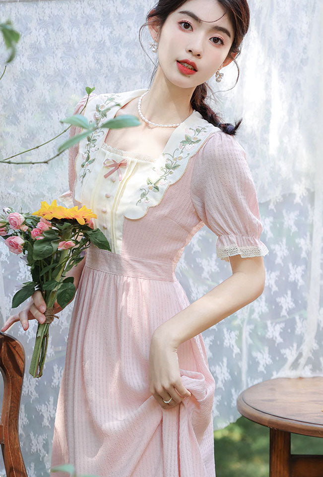 Sweet Floral Embroidered Midi Dress