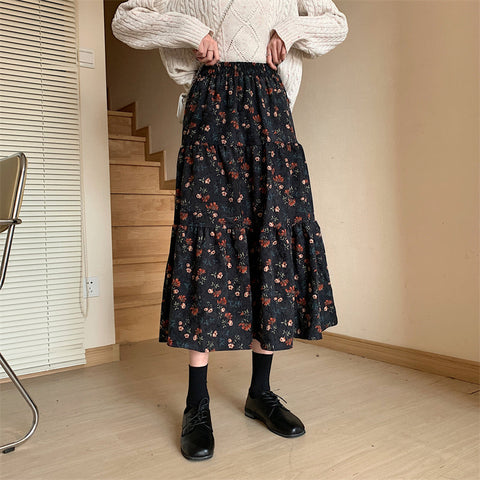 Rose Corduroy Tiered Midi Skirt