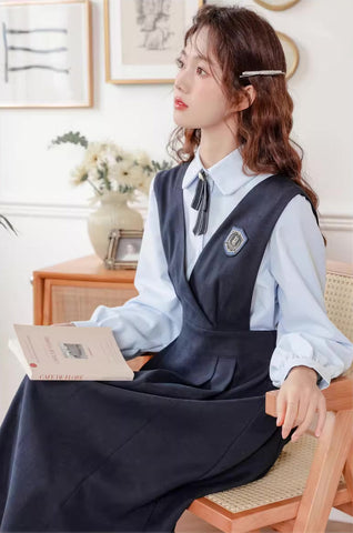 Corduroy Suede Midi Pinafore Dress & Blouse Set