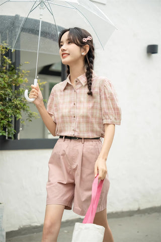Strawberry Matcha Plaid Blouse