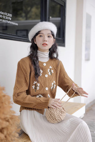 Ditsy Floral Embroidered Round Neck Cardigan