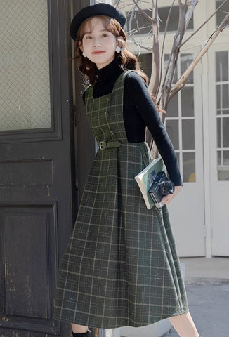 Belted Plaid Pinafore Dress