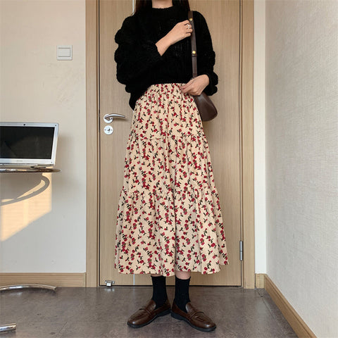 Rose Corduroy Tiered Midi Skirt