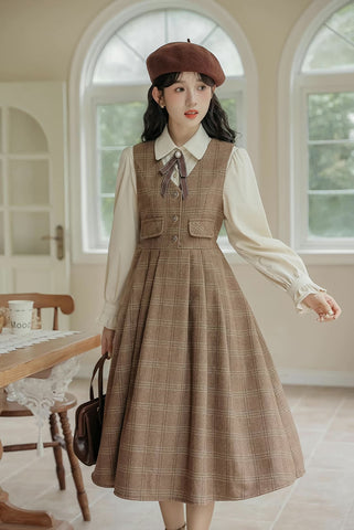 Acorn Plaid Midi Pinafore Dress