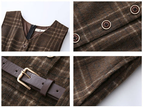 Coffee Plaid Midi Pinafore Dress