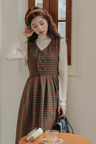 Fallen Leaves Plaid Pinafore Dress Set