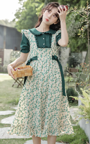 Vestido dos piezas con pechera y capullos de flores