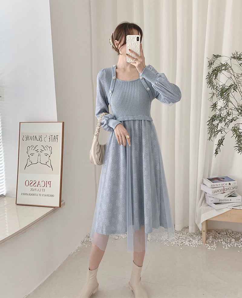 Vestido de suéter de punto con encaje