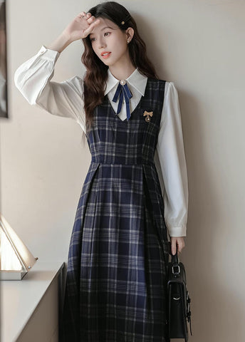 Oxford Plaid Midi Pinafore & Blouse Set