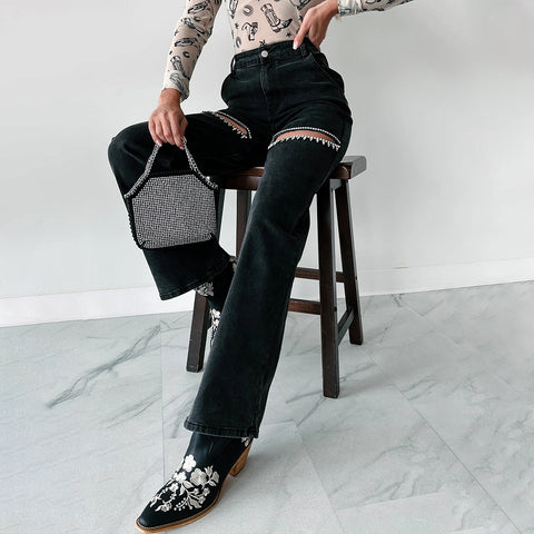 Versatile Studded Ripped Straight-Leg Wide-Leg Jeans