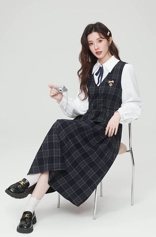 Oxford Plaid Midi Pinafore & Blouse Set