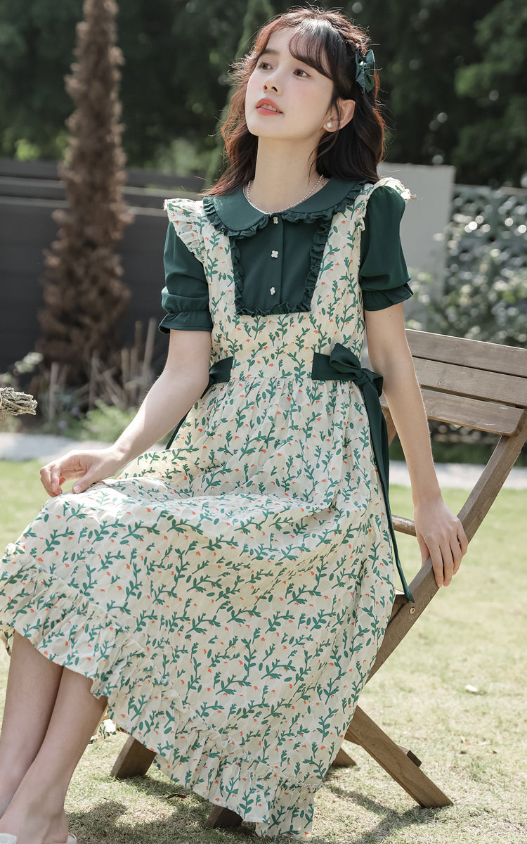 Flower Buds Pinafore Twofer Dress