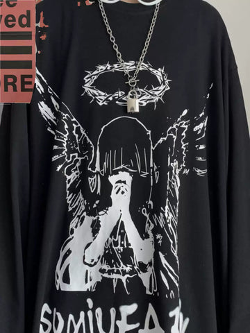 Camiseta gráfica negra de manga larga para hombre