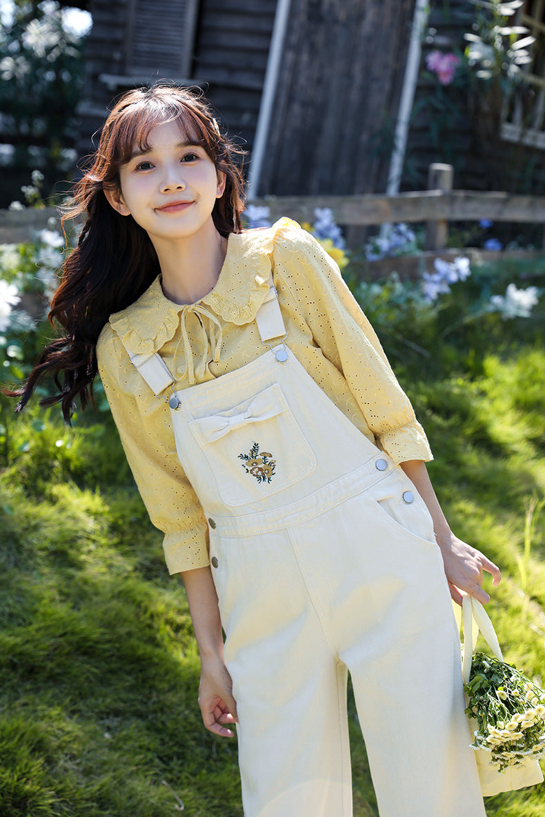 Bow Floral Embroidered Overalls