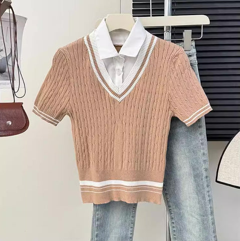 Knitted Polo Cropped Twofer Blouse