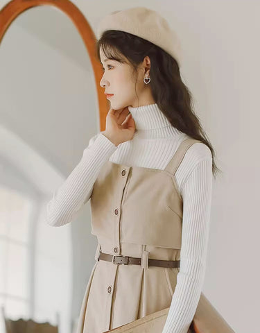 Suede Button Up Cami Pinafore Dress