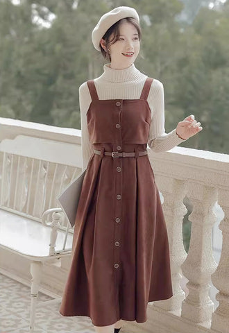 Suede Button Up Cami Pinafore Dress