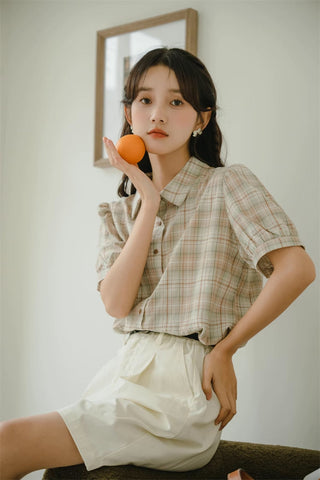 Strawberry Matcha Plaid Blouse