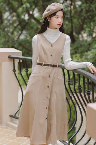 Button Up Suede Pinafore Dress
