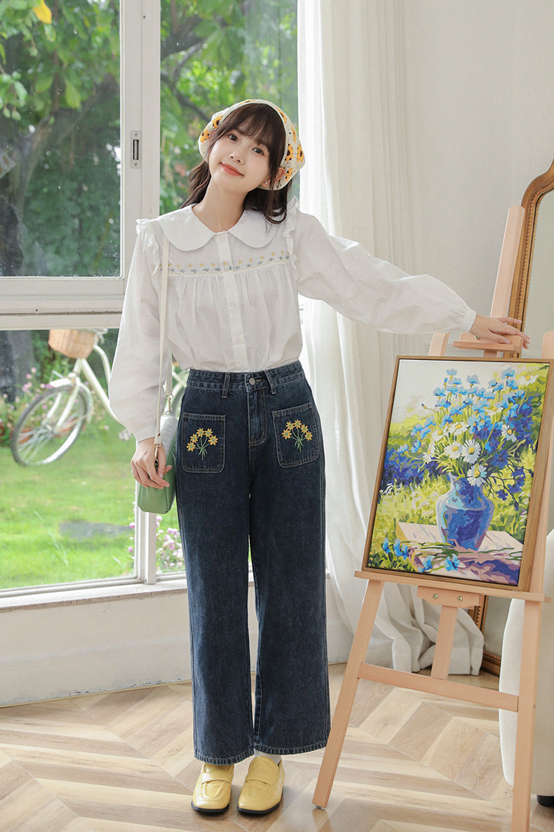 Embroidered Sunflower Pocket Jeans