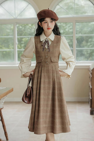 Acorn Plaid Midi Pinafore Dress