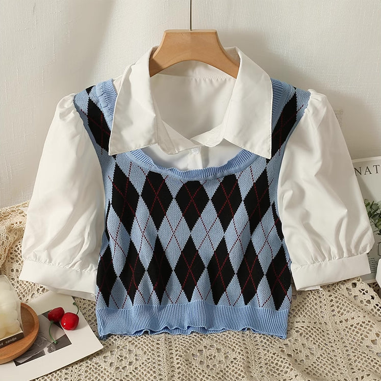 Argyle Plaid Twofer Cropped Blouse