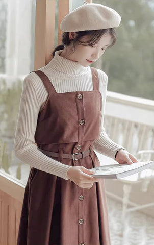 Suede Button Up Cami Pinafore Dress