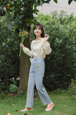 Embroidered Sunflower Pocket Jeans