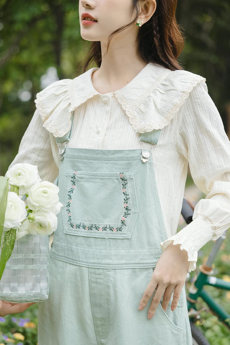 Flower Vines Embroidered Overalls