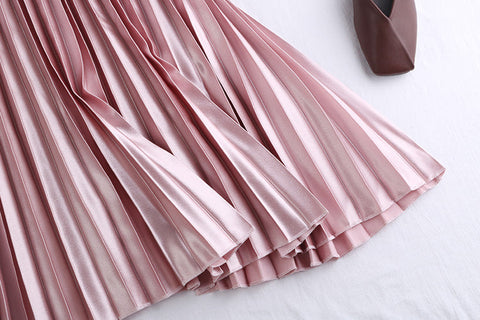 Pleated Satin Midi Skirt