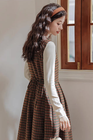Fallen Leaves Plaid Pinafore Dress Set