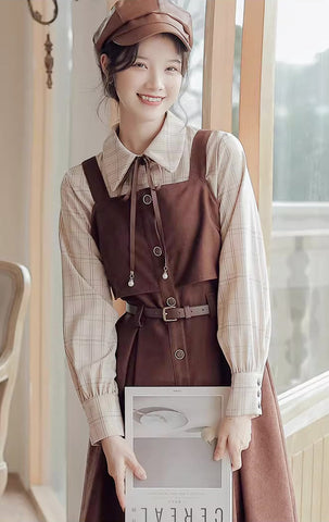 Suede Button Up Cami Pinafore Dress Set