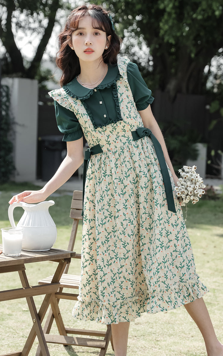 Vestido dos piezas con pechera y capullos de flores