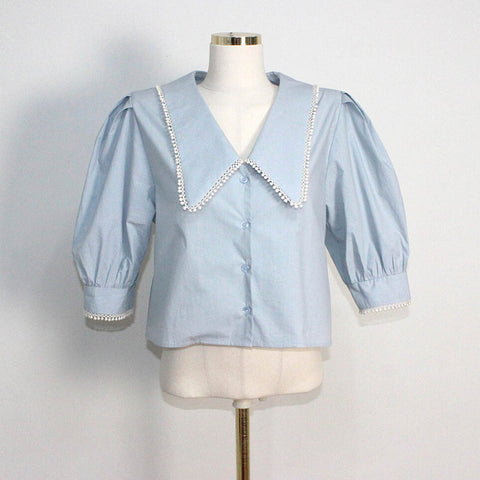Crochet Trim Puff Sleeve Cropped Blouse