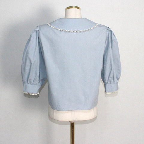 Crochet Trim Puff Sleeve Cropped Blouse