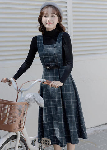 Belted Plaid Pinafore Dress