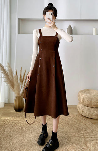 Corduroy Suede Double Button Cami Dress