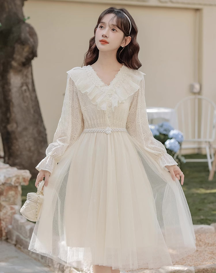 Midikleid aus Spitze und Tüll mit V-Ausschnitt