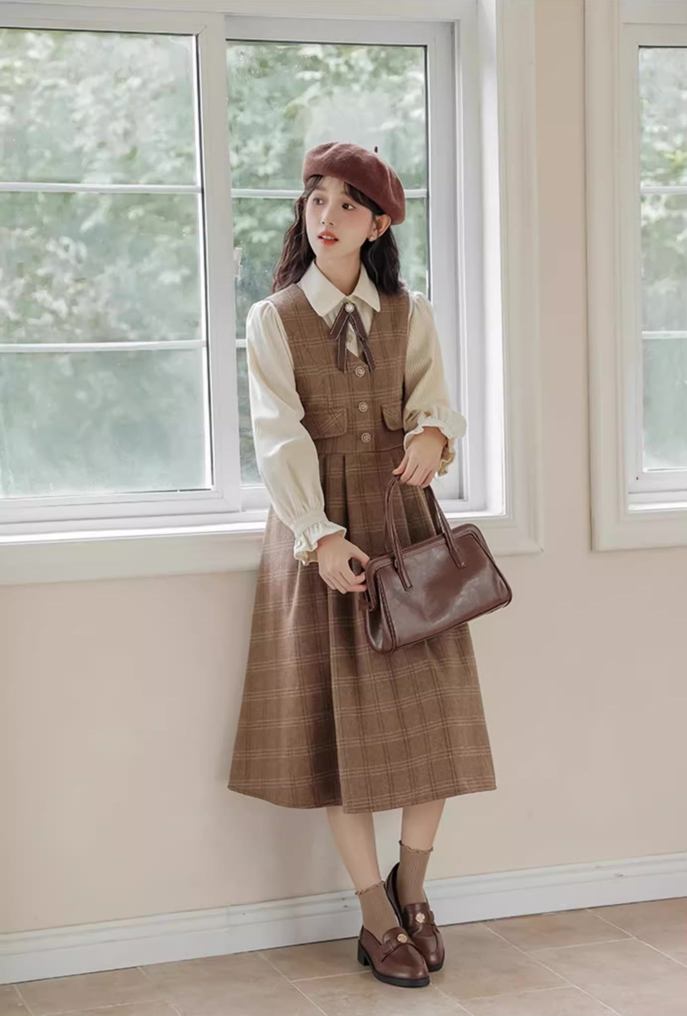 Acorn Plaid Midi Pinafore Dress