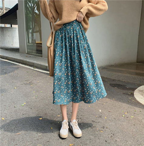 Raining Flowers Corduroy Midi Skirt