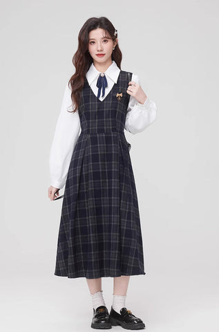 Oxford Plaid Midi Pinafore & Blouse Set