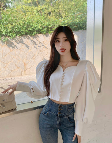 Puff Sleeve Sweetheart Button Up Blouse
