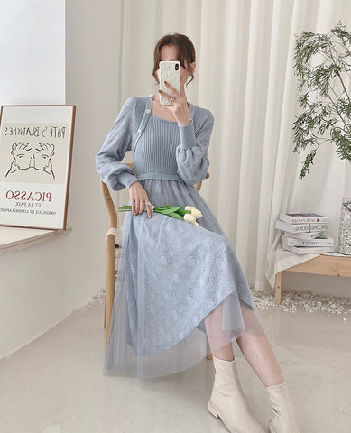 Vestido de suéter de punto con encaje