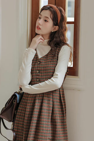 Fallen Leaves Plaid Pinafore Dress Set