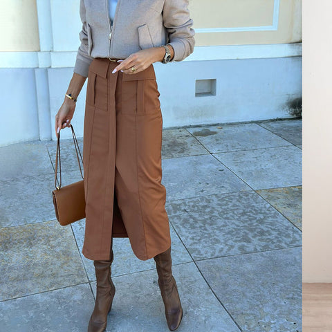 Work Dress: Brown Slit And Body-Hugging Skirt