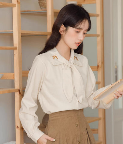 Leafy Corduroy Tie-Neck Blouse