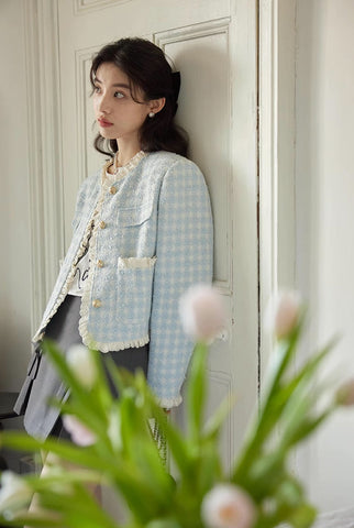 Chaqueta de tweed con ribete de encaje de cuadros vichy