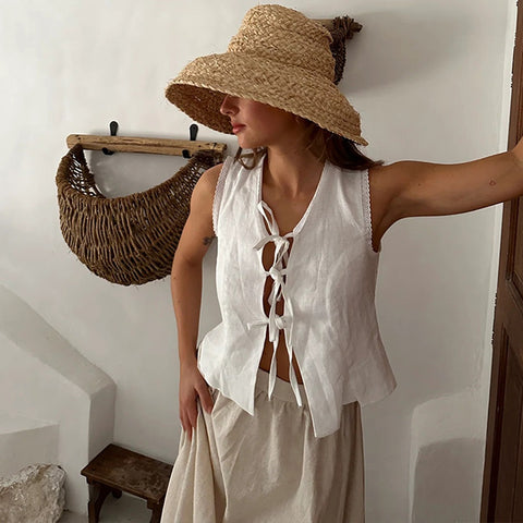Cotton And Linen Lace-Up Sleeveless Two-Piece Suit