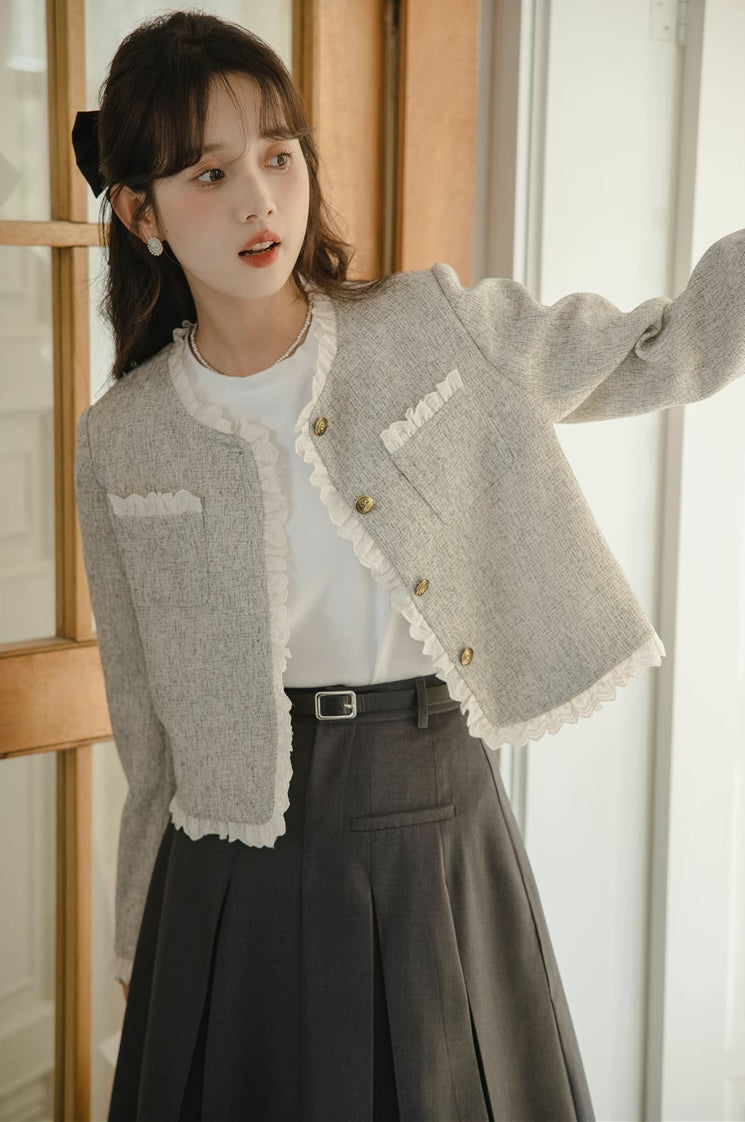 Chaqueta de tweed con ribete de encaje