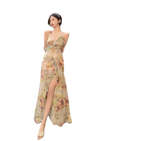 Vintage Print Halter Neck Fishtail Trim Sleeveless Maxi Dress - Apricot